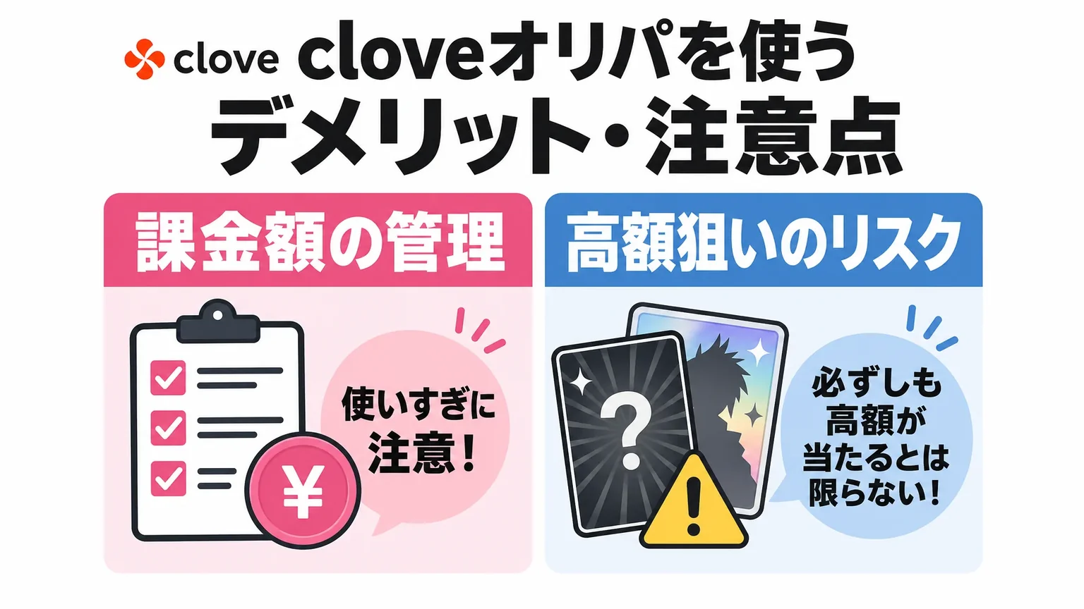 cloveオリパを使うデメリット・注意点:課金額の管理 / 高額狙いのリスク